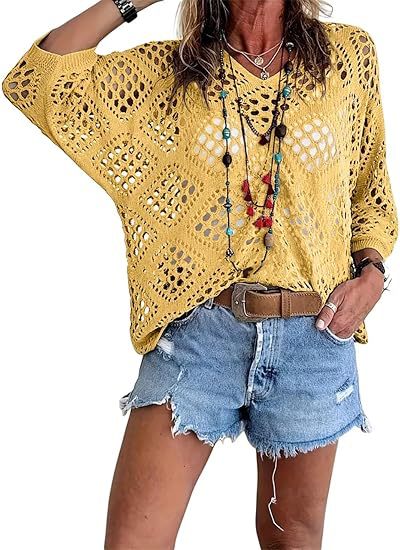 Cross-border e-commerce, Europe and America, Amazon Spring/Summer V-neck diamond-patterned openwork batwing sleeve women's sweater cover-up knitwear - Image 6