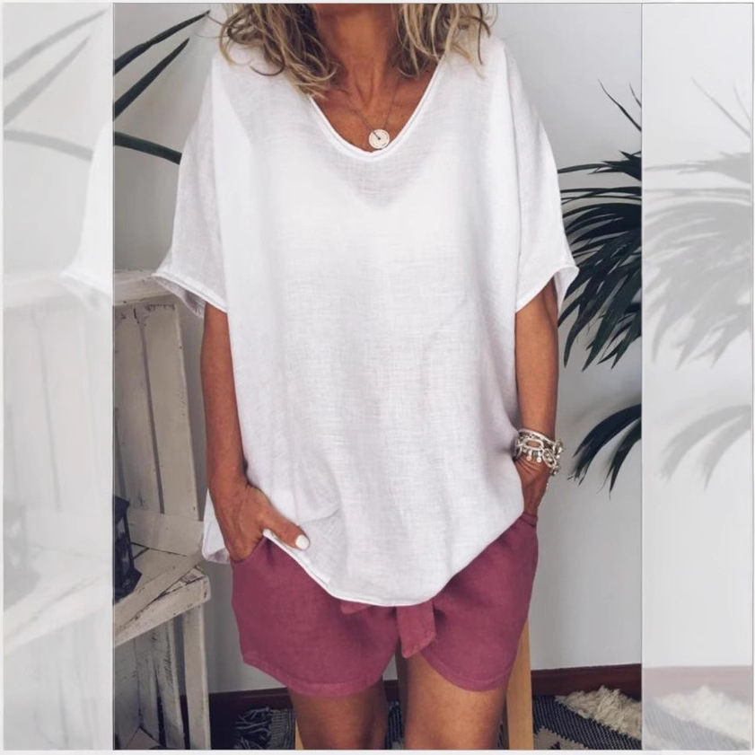 Cross-border e-commerce 2025 Amazon Europe and America Summer New Solid Color Loose Short Sleeve Casual Cotton Linen T-shirt - Image 4