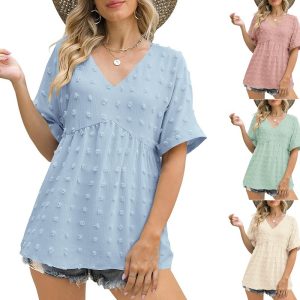 Cross-border European and American women's clothing, 2023 summer new style, Amazon women's V-neck loose ruched mid-sleeve chiffon top.