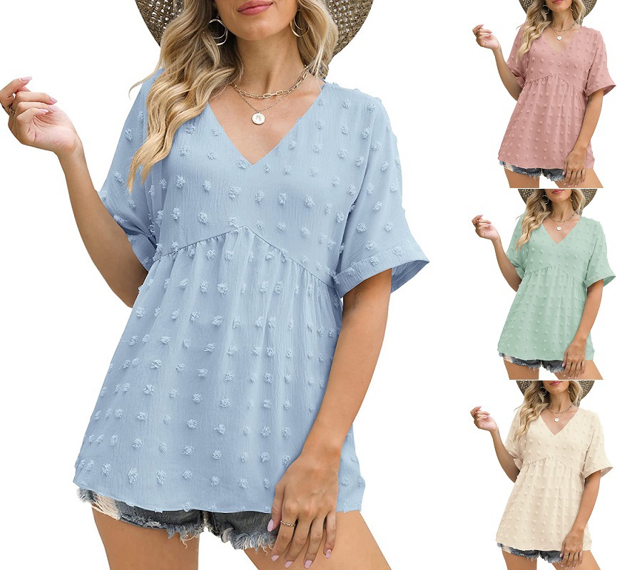 Cross-border European and American women's clothing, 2023 summer new style, Amazon women's V-neck loose ruched mid-sleeve chiffon top.
