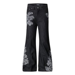 Men's designer floral print flared jeans, niche vibe style, hippie trendy loose wide-leg floor-length trousers.