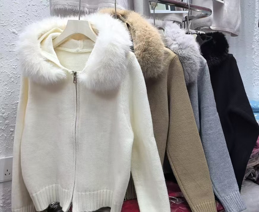 Cross-border Korean retro autumn and winter knitted cardigan women's loose casual versatile long-sleeved fur collar hooded sweater jacket women - Image 9