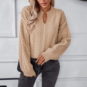 Women's Solid-Color Cable-Knit Pullover with Open Collar