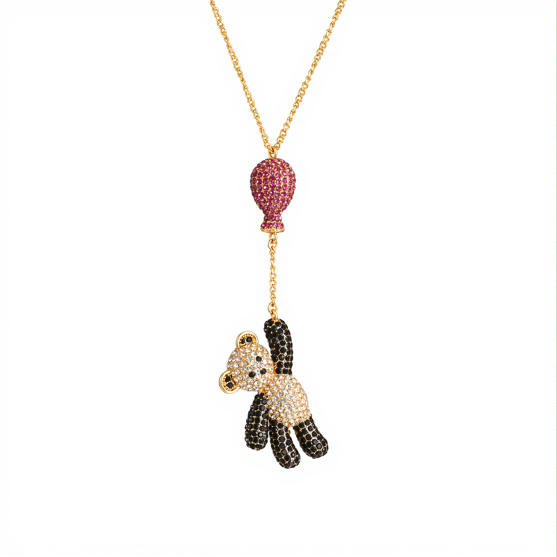 High-end design pink rhinestone balloon tassel bear necklace, cute and elegant animal series panda clavicle chain - Image 6