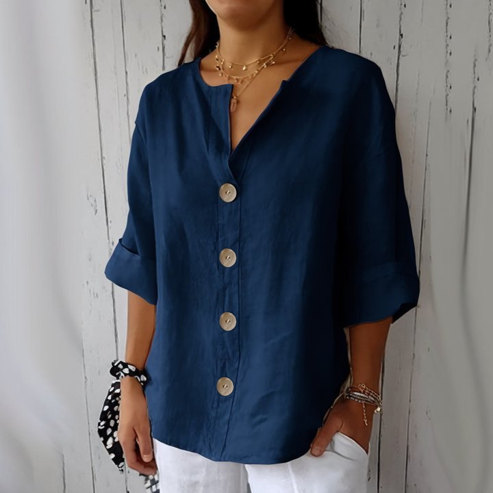 Amazon 2025 Cross-border European and American Summer New Style Foreign Trade Loose-fitting V-neck Cotton Linen Button T-shirt Top - Image 15