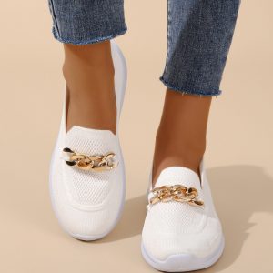 Cross-border 2022 autumn new mesh surface shallow mouth solid color round head chain slip on large size sports and leisure shoes women