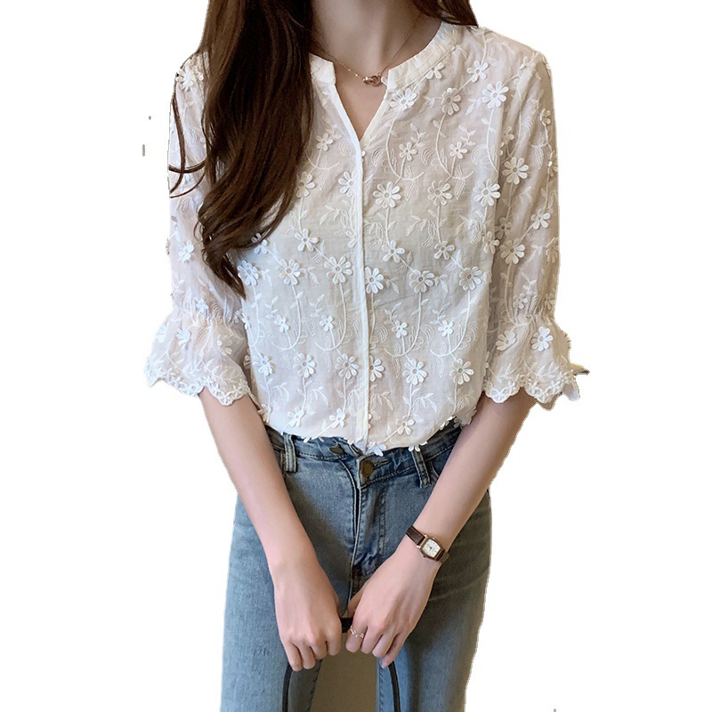Shirt women's 2023 summer new Japanese embroidered V-neck shirt with flared mid-sleeve fashion slim bottoming top trend - Image 3