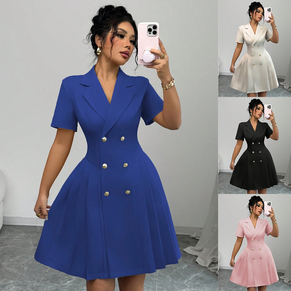 2025 Amazon AliExpress Summer New Solid Color Short-Sleeve Slim Waist Double-Breasted Dress for Women