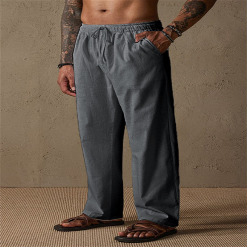 Cross-border European and American style men's linen drawstring solid color breathable outdoor loose casual straight leg cotton linen trousers - Image 11
