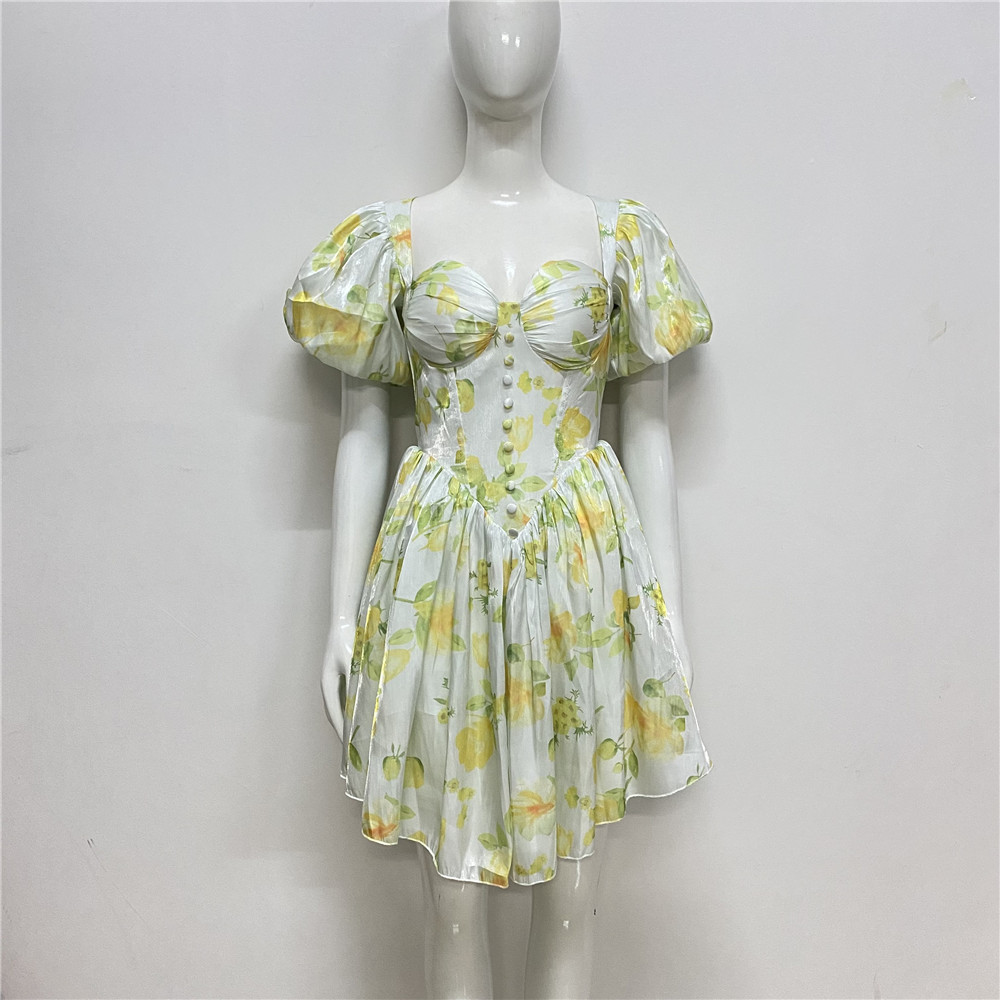 French sexy one-shoulder dress 2023 summer new fashion puff sleeve pleated waist slimming dress - Image 6