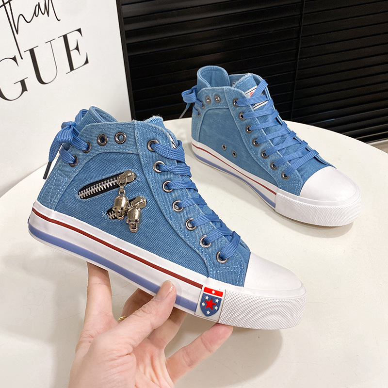 Denim high-top canvas shoes for women Korean casual shoes 2024 spring and autumn new retro large size sneakers zipper - Image 3