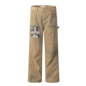 American street style personalized graffiti denim straight pants men's hip-hop punk paint splash loose casual long pants