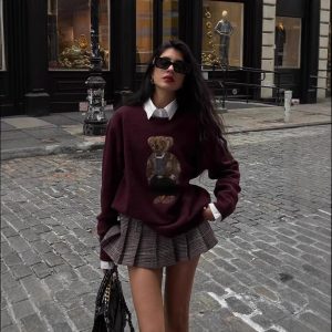 European and American autumn/winter new cross-border women's clothing, embroidered bear round neck slim fit sweater, cartoon preppy style knitwear top