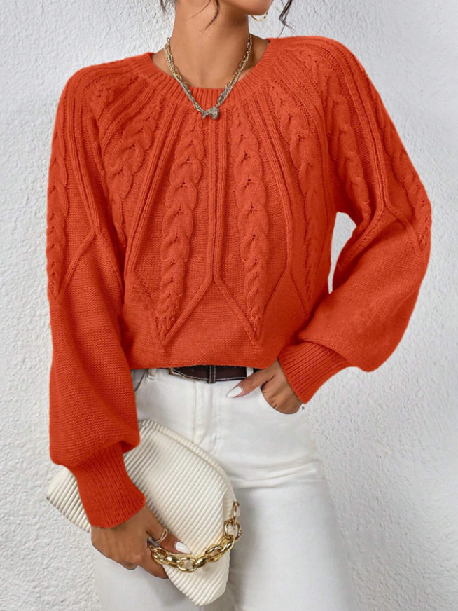 Amazon pullover crew neck knit sweater, cross-border foreign trade, long-sleeved cable knit solid color autumn and winter versatile knit top for women - Image 13
