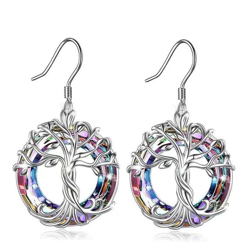 Cross-border Explosive Elegant Luxury Ladies Earrings Multicolor Crystal Tree of Life Earrings Personality Circle Imitation Crystal Earhooks - Image 8
