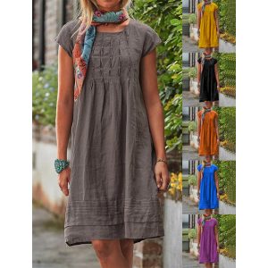 Women's Cotton-Linen Patchwork U-Neck Dress