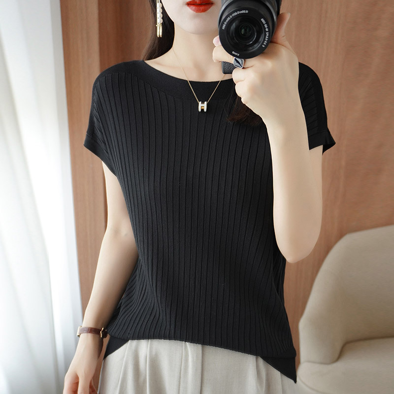 Ice silk knitted sweater women's loose short-sleeved thin t-shirt 2023 summer new inner top with one word collar thin outer wear - Image 3