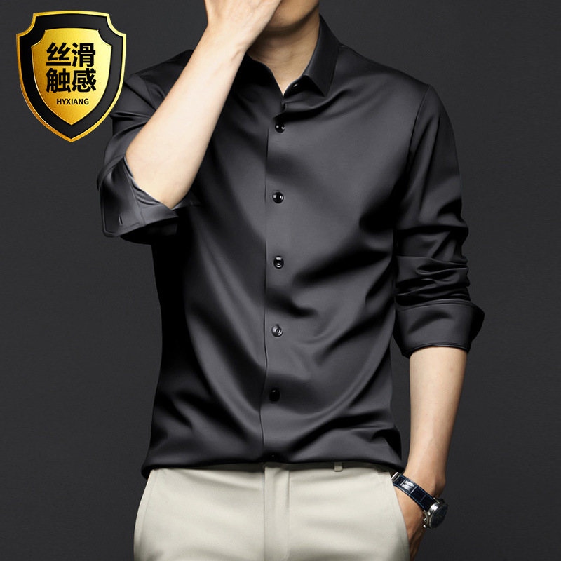 Spring and summer men's long-sleeved shirt anti-wrinkle and non-ironing professional formal wear trendy business high-end ice silk shirt black inch shirt - Image 9