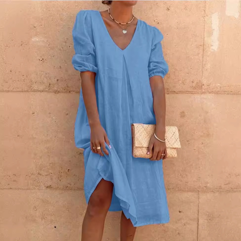 2024 Amazon Wish Cotton Linen Solid Color Mid-Length Sleeve Casual Mid-Length Dress, Elegant Commuter Style, Full Swing - Image 2