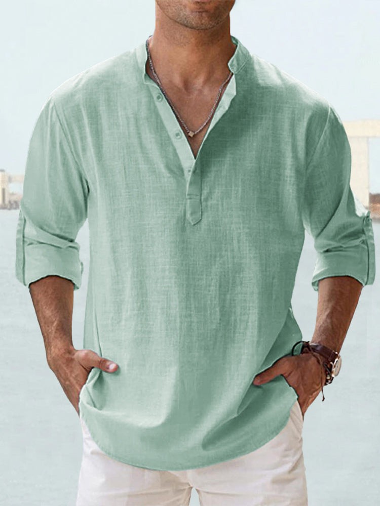 Summer New Casual Men's Loose Fit Stand Collar Sports Solid Color Long Sleeve Pure Cotton Shirt Plus Size Available - Image 14