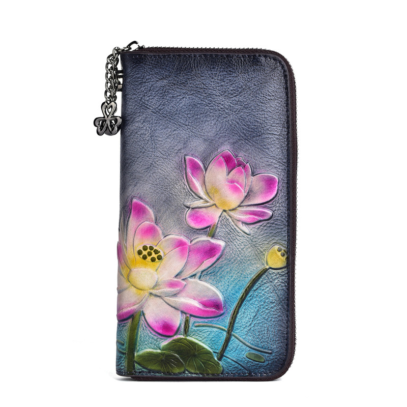 Wallet women Chinese style long small hand bag first layer cowhide zipper mobile phone bag embossed retro color coin purse - Image 8