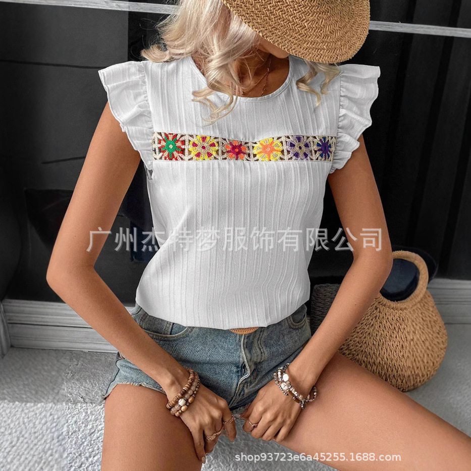 2025 European and American cross-border women's clothing Amazon independent website spring/summer new crochet hollowed-out lace short-sleeved shirt top - Image 4