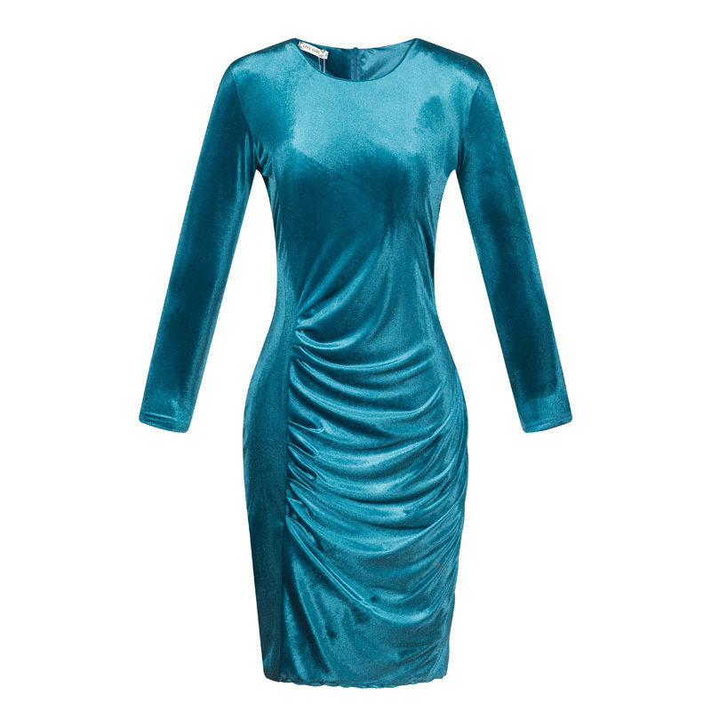 2023 ebay AliExpress European and American Foreign Trade Best Selling Korean Velvet Slim Long-sleeved Gold Silk Velvet Hip Dress - Image 3