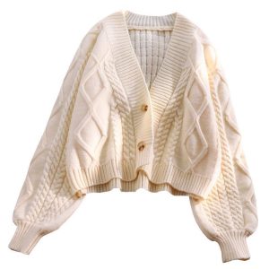 Free shipping Xiaoxiangfeng short knitted cardigan women's autumn new style Korean loose lazy lantern sleeve sweater