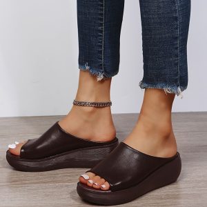Slippers women's summer new ethnic style go out to wear wedge heel fish mouth one word drag muffin thick bottom retro sandals