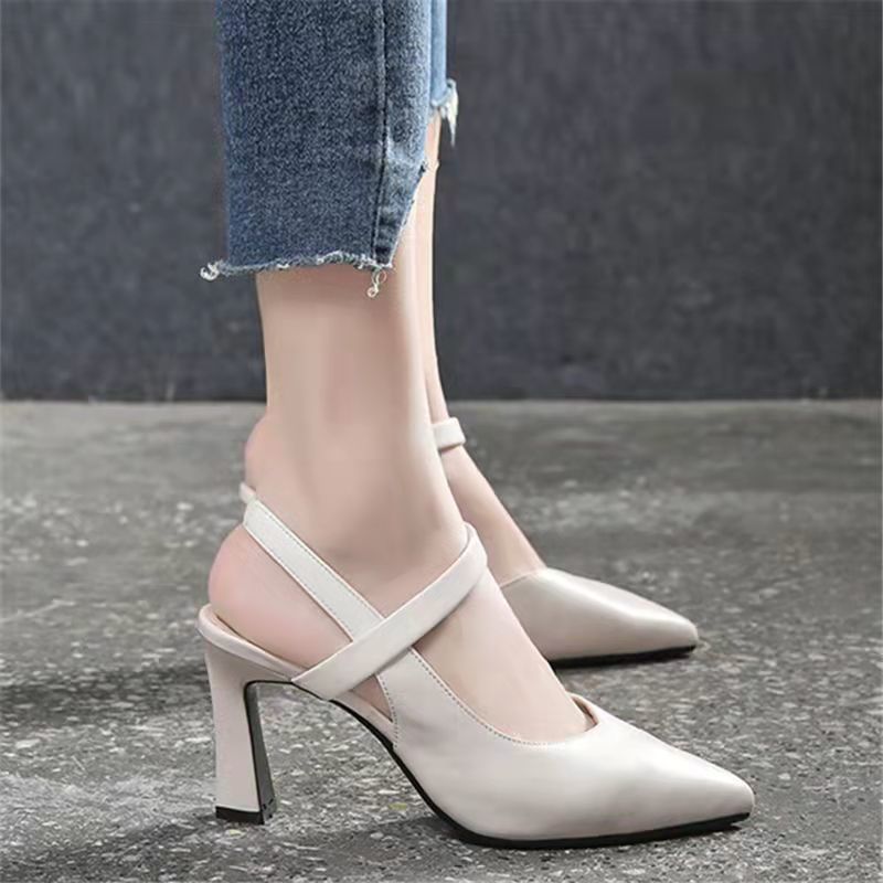 34--42 soft leather high heels women's 2023 summer new pointed toe Baotou all-match chunky heel one word belt mother sandals - Image 3