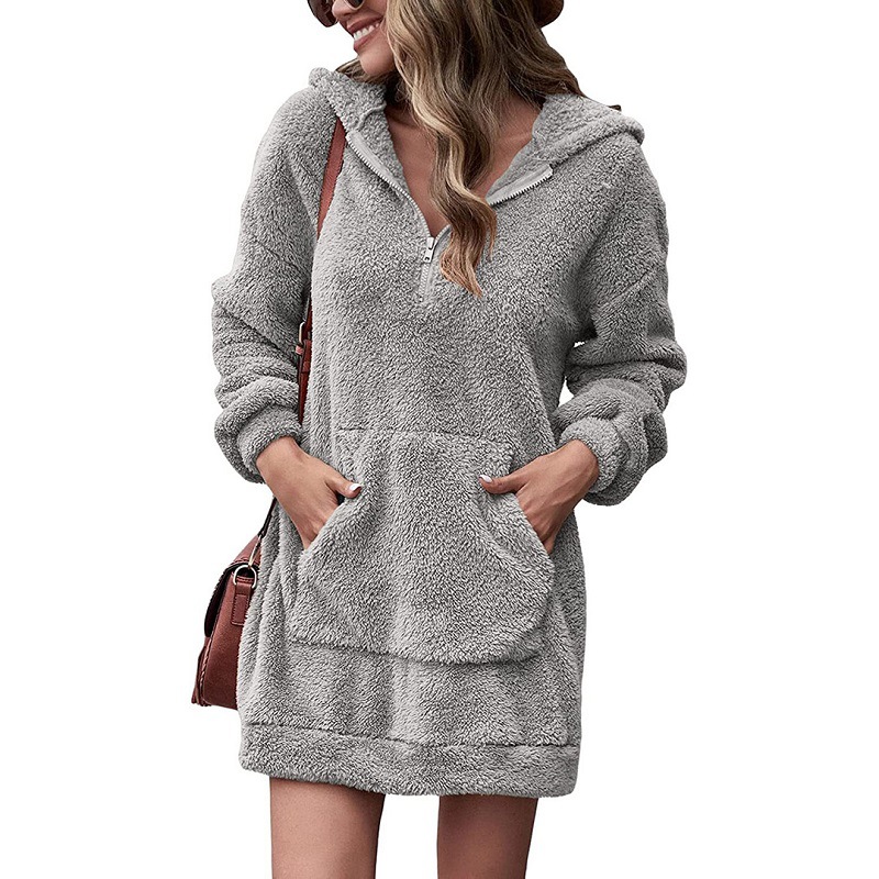 2023 new European and American cross-border autumn and winter women's clothing double-sided fleece hooded loose zipper plush pocket sweater jacket - Image 8