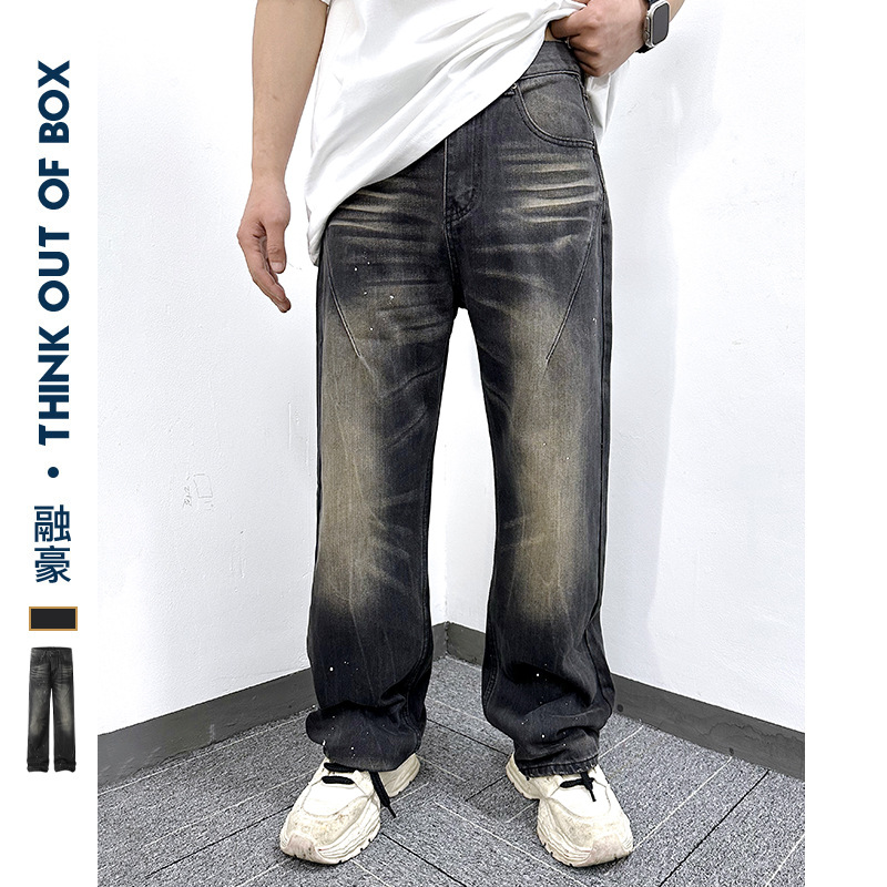 American style ink-splashed design, distressed retro straight jeans, street fashion, loose washed casual trousers for men - Image 2