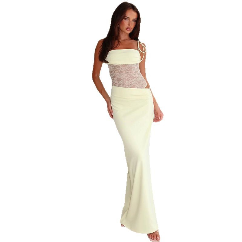 Foreign trade AliExpress 2025 spring new European and American women's sexy lace splicing hollow perspective suspender dress - Image 5