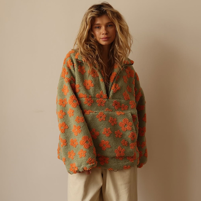 European and American cross-border women's clothing 2025 autumn new fashion faux lamb wool print loose zip-up sweatshirt long sleeve top - Image 11