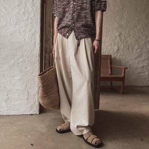 MYQ linen straight-leg casual pants for men, summer style, vintage look, wide-leg pants, Korean style, commuting, clean fit.