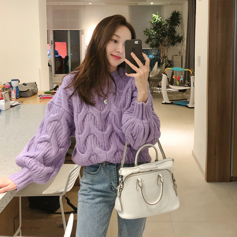 Lantern puff sleeve round neck cable knit pullover sweater for women, autumn and winter, lazy style, Korean style, loose and thick cable knit sweater - Image 9