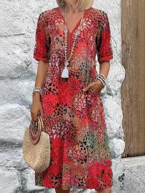 Amazon 2025 European and American new printed summer V-neck casual vacation pocket dress home clothes foreign trade women - Image 7