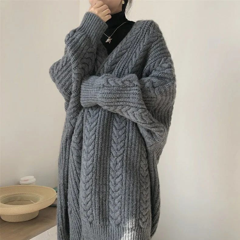 Lazy Style Retro Sweater Cardigan Women's Autumn and Winter New Cable Knit Mid-Length Long Sleeve Knit Cardigan Top 2025 - Image 2