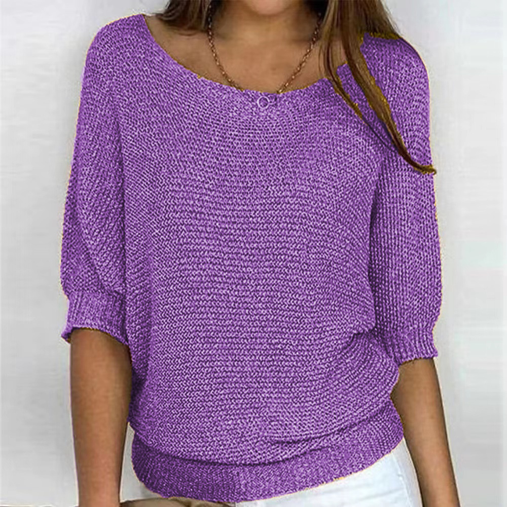 2026 New Russian AliExpress Wish Solid Color Crew Neck Knitted Top Women's Three-Quarter Sleeve Top Air Conditioning Shirt In Stock - Image 6