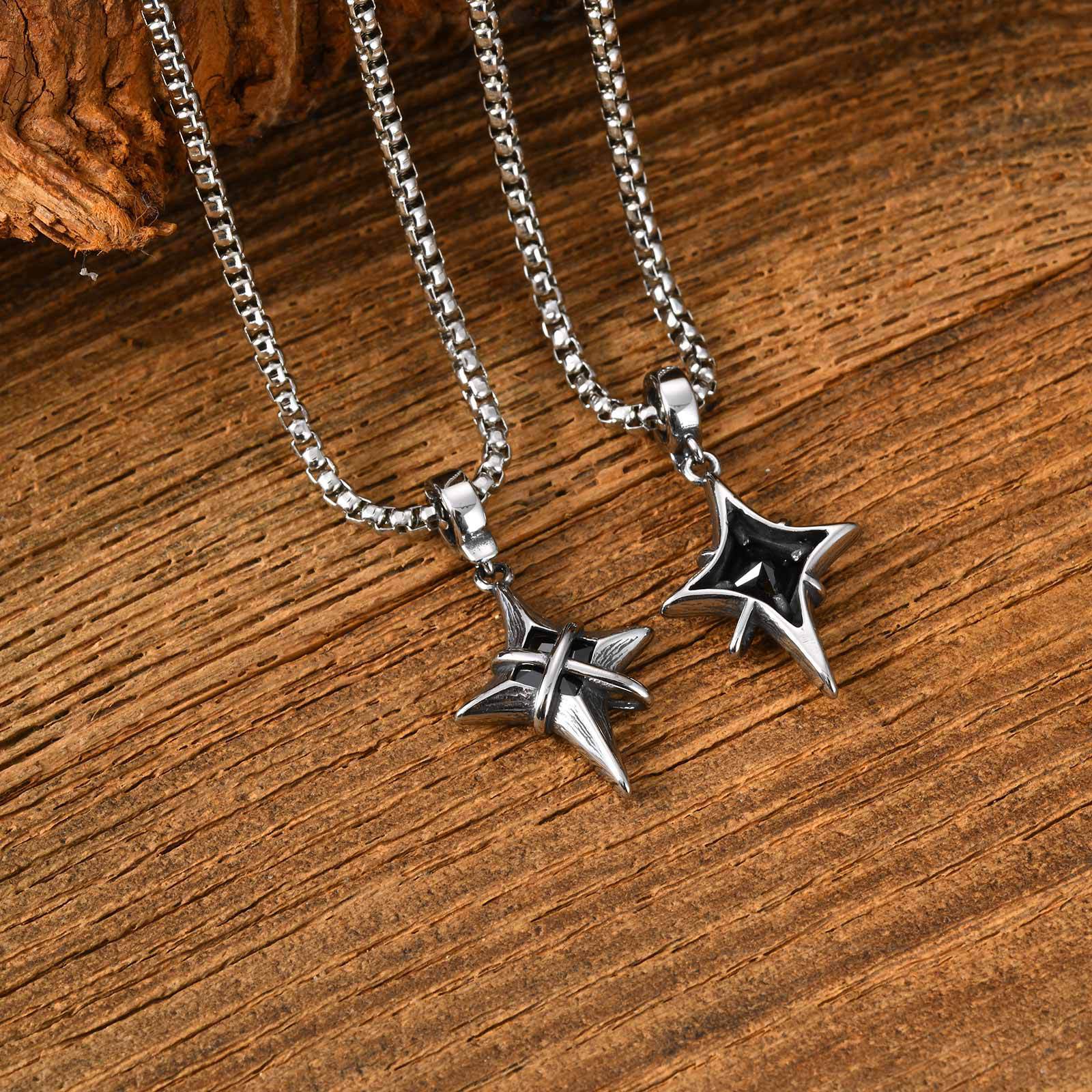 European, American, Japanese, and Korean nightclub/bar hip-hop personalized stainless steel four-pointed star pendant with black zircon, steel color PN-2316 - Image 3