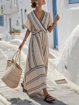 New European and American style summer vacation V-neck women's short-sleeved pleated maxi dress - Image 7