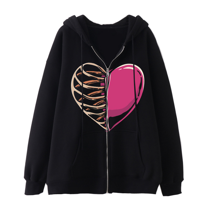 New arrival Skull Wings Hooded Zipper Sweatshirt Women Korean Style Plus Velvet Thickened Loose Sports Cardigan Sweatshirt Women - Image 34