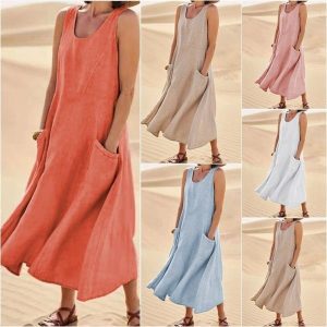 Sleeveless Cotton-Linen Dress with Pockets