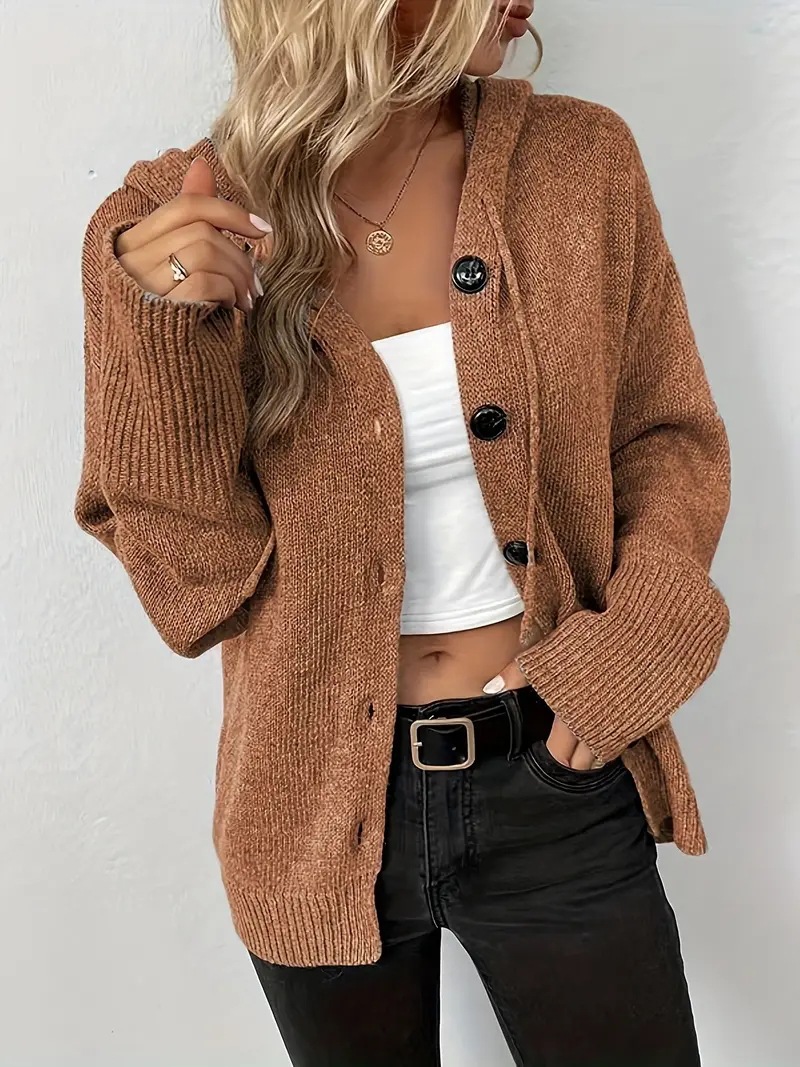 Solid color hooded single-breasted cross-border sweater for women, 2025 autumn and winter new style drawstring knitted cardigan for women. - Image 7