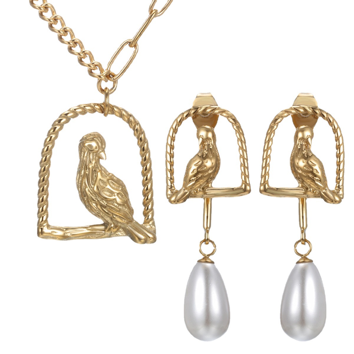 Xuping Jewelry Parrot Birdcage Earrings and Necklace Two-Piece Set, European and American Fashion Earrings and Imitation Pearl Necklace Set - Image 6