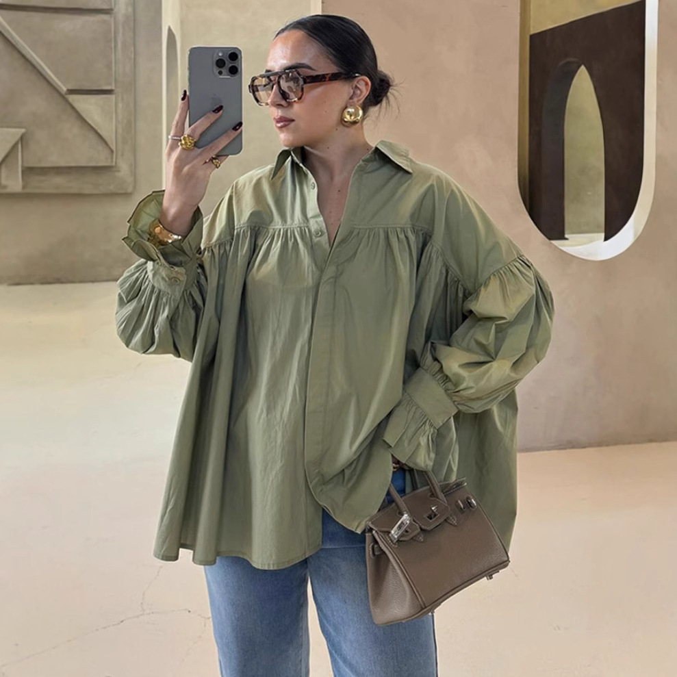 European and American style cross-border foreign trade women's clothing 2025 fashion poplin two-color drop shoulder lantern long sleeve loose single-breasted shirt - Image 3