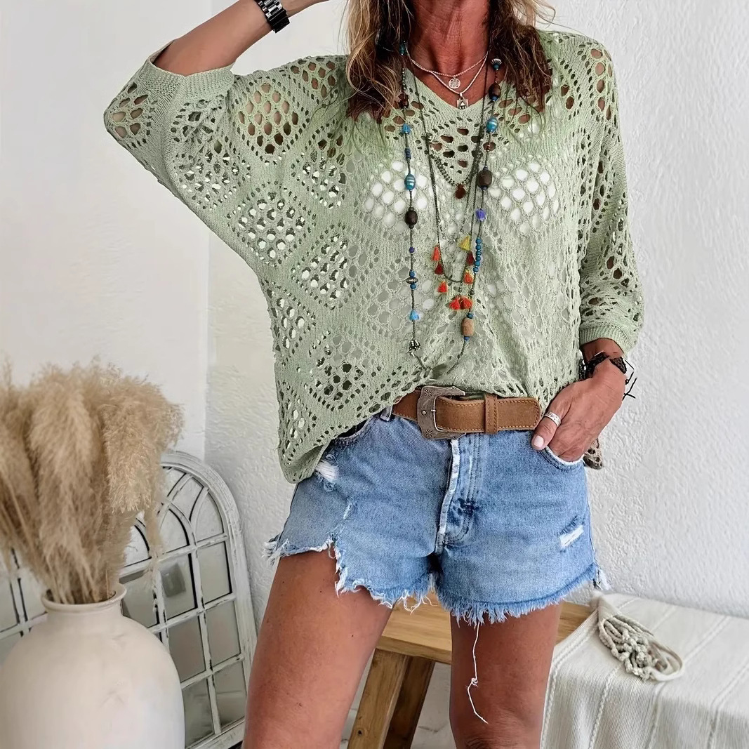 Cross-border e-commerce, Europe and America, Amazon Spring/Summer V-neck diamond-patterned openwork batwing sleeve women's sweater cover-up knitwear - Image 17