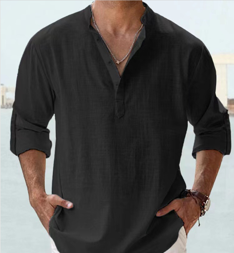 Summer New Casual Men's Loose Fit Stand Collar Sports Solid Color Long Sleeve Pure Cotton Shirt Plus Size Available - Image 10