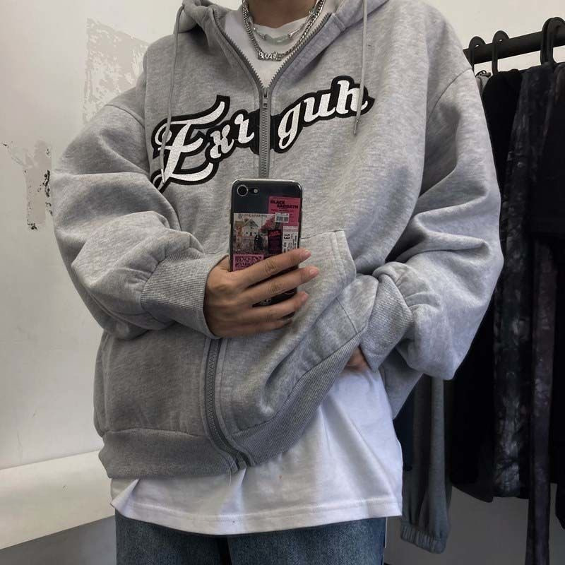 New arrival Skull Wings Hooded Zipper Sweatshirt Women Korean Style Plus Velvet Thickened Loose Sports Cardigan Sweatshirt Women - Image 32