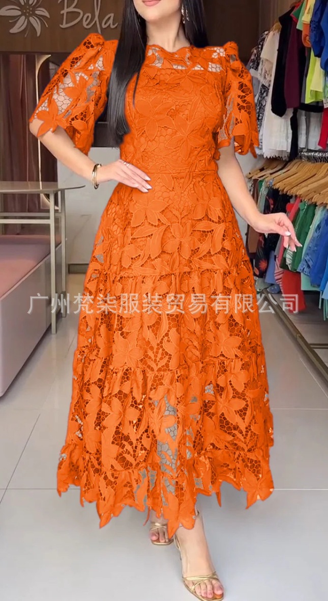 European and American cross-border e-commerce, 2025 summer Amazon independent store, elegant and fashionable heavy-duty hollowed-out lace solid color dress. - Image 9
